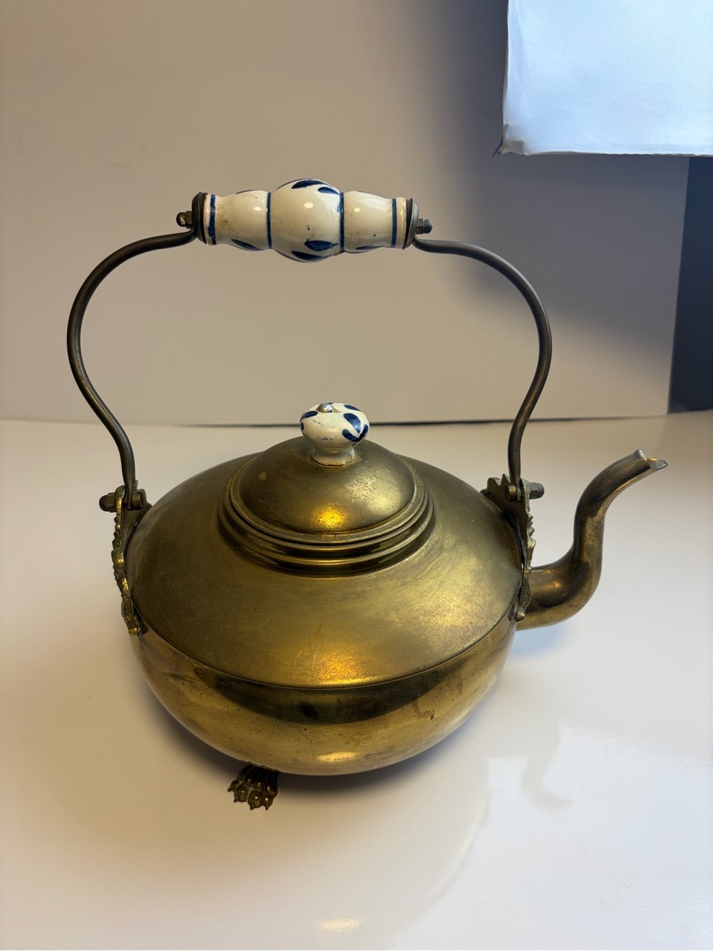 Brass Teapot with Ceramic Handle and Knob - Antique Style